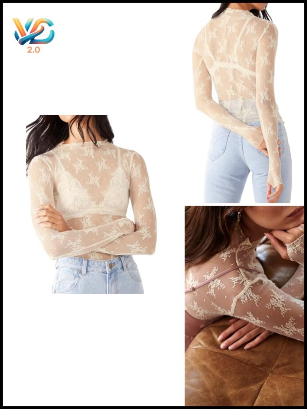 Sheer Mesh Long Sleeve Layering Top Mock Neck Floral Lace Crop Tee Blouse